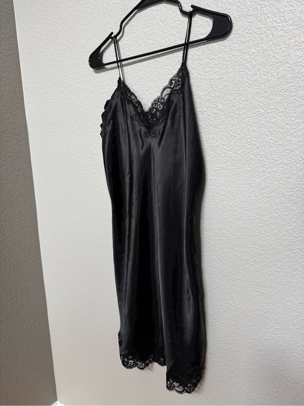 Erika Taylor Vintage 90s Lace Trim Black Satin Mini Slip Dress Women’s S